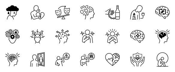 Fototapeta premium Set of mental health and emotional wellness line icons including depression, heartbreak, mood swings, addiction, anxiety, stress, PTSD and self reflection on transparent background