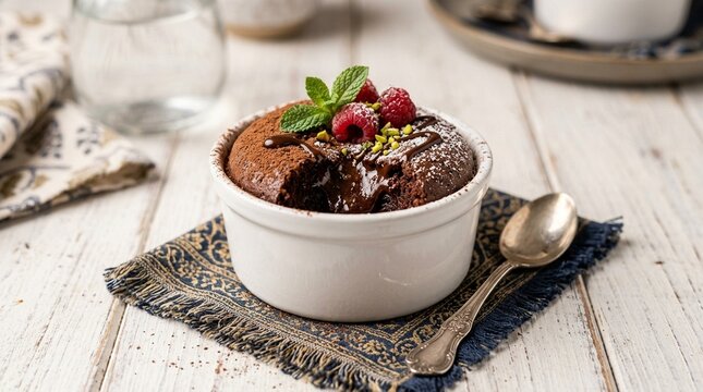 Molten Egyptian Chocolate Lava Cake in White Ramekin | Decadent Dessert Commercial Food Stock Photo