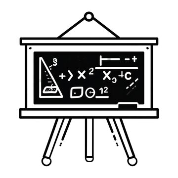 A simple black and white illustration of a blackboard on an easel with mathematical equations and symbols