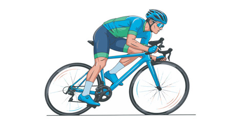 Obraz premium Cyclist riding blue bicycle fast road.
