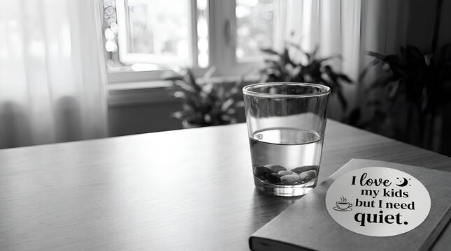 Black and white photo of a glass of water and a book with a parenting quote sticker on a table.