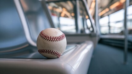 Baseball ball rests on a seat inside a modern train car. Focus on the sports equipment within public transport. Team game object illustration