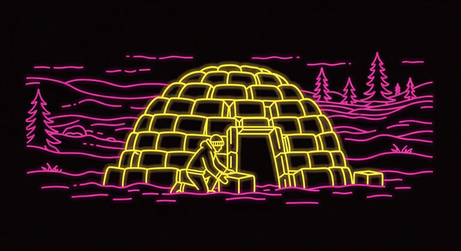 Illuminated Igloo with Person Inside at Night.