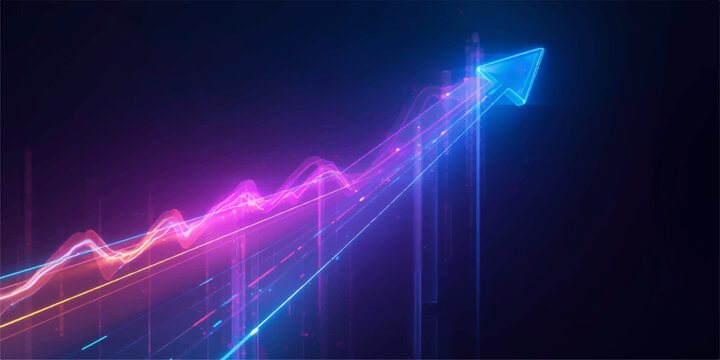 Abstract financial growth chart with glowing neon blue upward arrow and purple graph line