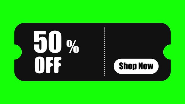 Black coupon ticket with 50 percent off discount and shop now button isolated on green screen background