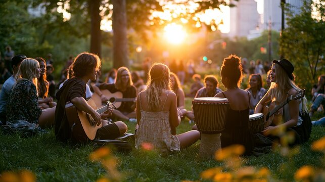 Young adults playing music together in a park at sunset. Diverse friends enjoying a spontaneous jam session outdoors