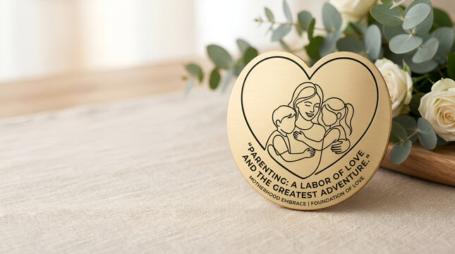 Heart shaped decorative stone with parenting quote and mother hugging children illustration on table with flowers.