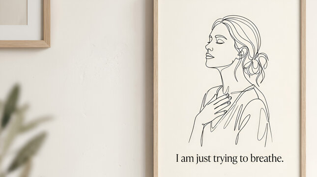 Minimalist line art poster of a woman breathing with motivational quote framed on a wall.