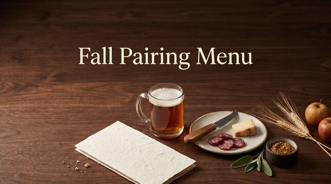 Fall pairing menu banner with beer glass notebook cheese and autumn food