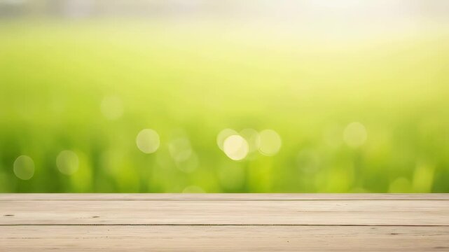 Wooden shelf over blurred green meadow. Natural product display podium for advertising. Mockup background for presentation with bright bokeh and sunny forest view.