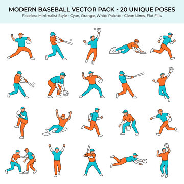 A collection of 20 modern minimalist vector illustrations depicting baseball players in various action poses like batting, pitching, and running, using a cya...