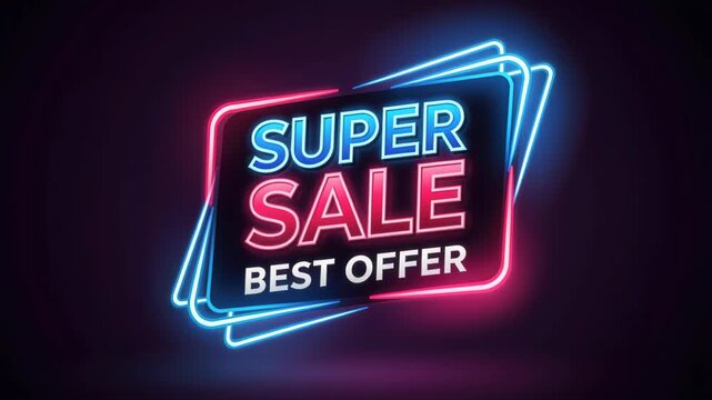 Super Sale Neon Sign: Glowing neon sign with Super Sale Best Offer in vibrant blue and pink hues, emanating from a dark background, perfect for retail promotions and advertising.