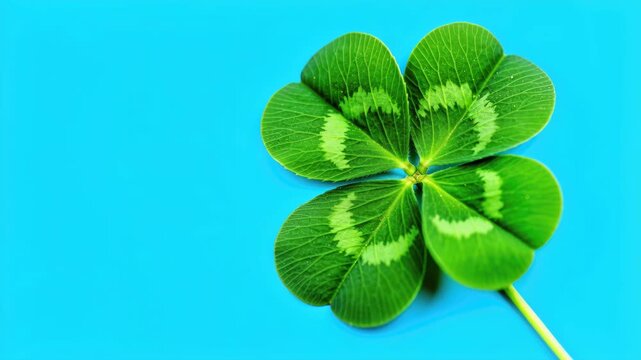 Four-Leaf Clover Symbolizing Luck: A vibrant green four-leaf clover rests against a bright blue background, a classic emblem of good fortune and a wish for prosperity.