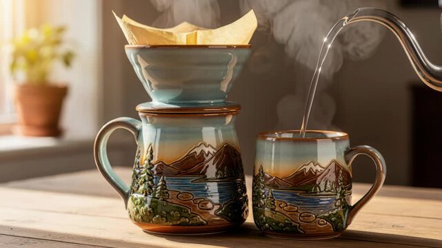 Morning Brew Ritual: Hot water is poured into a ceramic dripper with a filter to brew coffee into a mug, set against a backdrop of a window and potted plant.