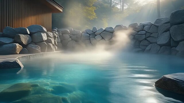 Serene outdoor hot spring bath with steam rising in a peaceful mountain landscape.