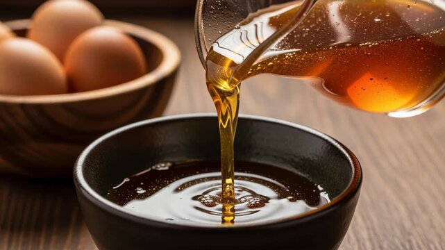 Golden Liquid Poured: A stream of amber liquid, likely honey or syrup, cascades from a glass pitcher into a dark ceramic bowl, with a bowl of brown eggs in the background.