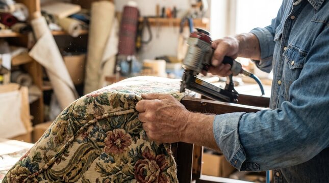 Upholsterer using an air staple gun to attach patterned floral fabric to a wooden chair frame