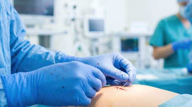 Surgeon wearing blue gloves carefully suturing a surgical incision on a patient in the operating room