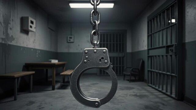 Jail Cell with Handcuffs: A stark image of a jail cell interior, with metal handcuffs suspended in the foreground, symbolizing confinement and justice.