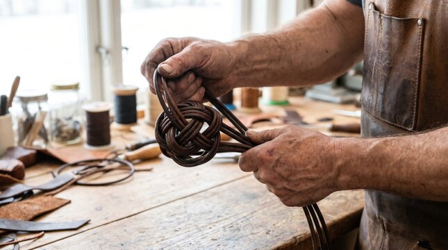 Artisan with dirty hands braiding multiple brown leather straps into a complex decorative knot