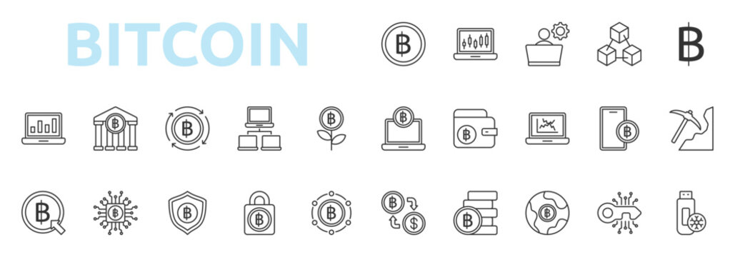 Bitcoin icon set outline style with trading, mining, currency, crypto payment, wallet, market analysis icons