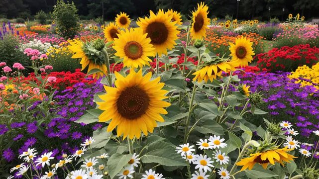 Vibrant Sunflower Garden: A stunning display of sunflowers takes center stage amidst a riot of colorful flowers, creating a breathtaking vista of natural beauty and summer bloom.