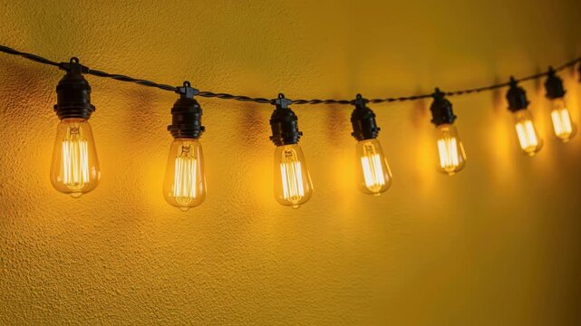 String Lights on Yellow Wall: A line of incandescent string lights casts a warm, inviting glow against a textured yellow wall, perfect for creating ambiance at parties or outdoor gatherings.