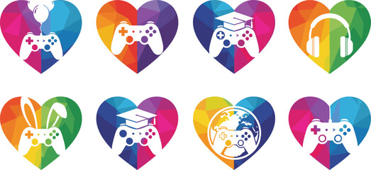 Colorful low poly gaming logo collection with hearts gamepad controllers headphones graduation cap and globe symbols for esports education marketing and community identity designs © AntarChandra