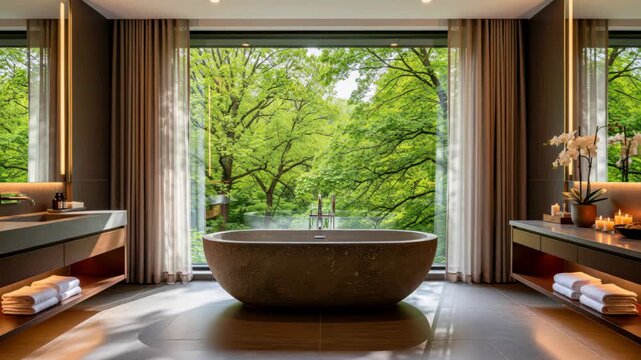 Luxury Bathroom Retreat with Forest View: A stunning modern bathroom featuring a freestanding stone bathtub and dual vanities.