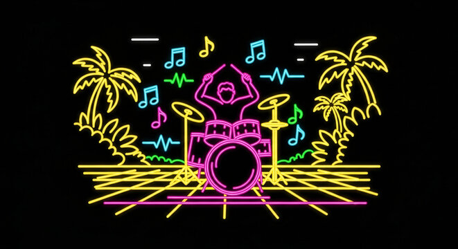 Colorful neon drummer illustration with musical notes and palm trees.