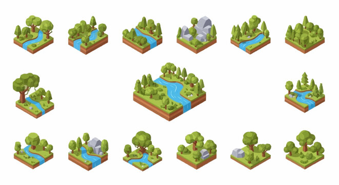 Collection of isometric landscapes with rivers, trees, and rocks, representing different natural environments.