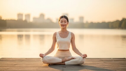 Fototapeta premium Young Woman Practicing Yoga Meditation on a Wooden Pier at Sunset