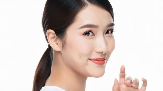 Asian Woman with Dimple Smile: A beautiful Asian woman with a charming dimple smiles gently while touching her chin, showcasing her natural beauty.