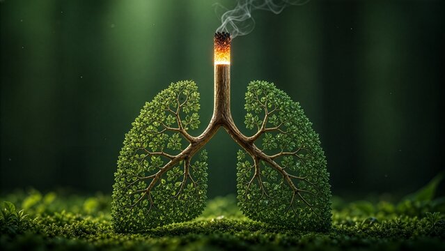 The Burning Forest Within: Surreal Concept of Green Foliage Lungs Set Ablaze as a Cigarette, Representing Smoking Damage and Lung Health Hazards