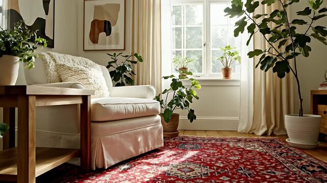 Bright Sunlit Living Room with Green Houseplants, Plush Seating, and a Red Patterned Rug Across the Floor