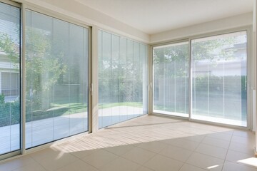 Obraz premium Bright empty modern living room with large sliding glass windows