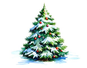 Fototapeta premium A snow-covered pine tree with red ornaments on a white background