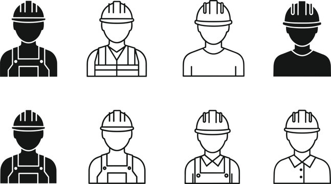 Minimalist construction worker avatar icon collection featuring line art and silhouettes wearing hard hats for industrial safety training layouts