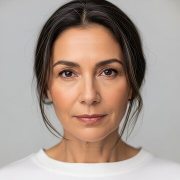 Close up portrait of a mature woman with dark hair and brown eyes looking directly at the camera.