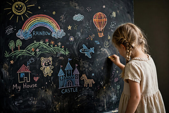 Little girl drawing on blackboard, colorful chalk art, rainbow, smiley face, house, castle