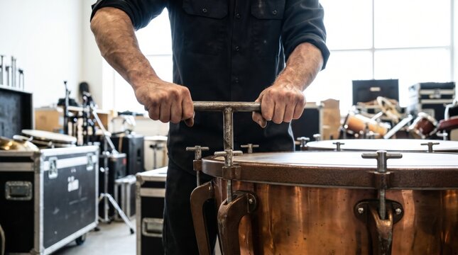 Musician hands adjusting the tuning mechanism of a large copper timpani drum in a rehearsal room