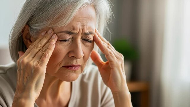 Elderly woman experiencing a headache. This close-up shot captures an elderly woman with gray hair, her eyes closed in pain, temples clasped by her hands. The image conveys suffering and distress.