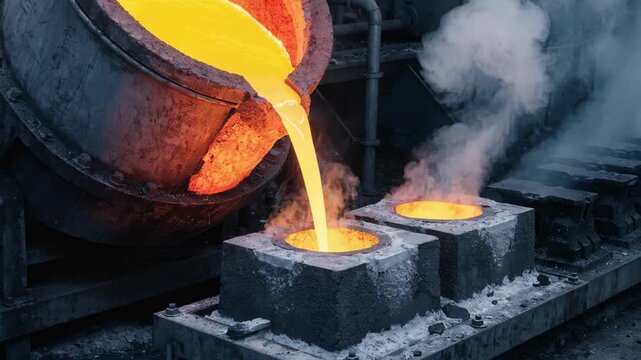 Medium shot showing the smooth pouring of melted alloy from the induction furnace spout into molds during the metal casting process.