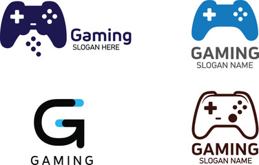 Professional blue and black gaming controller logo collection featuring minimalist gamepads letter G branding and customizable slogan text placeholders for esports channel identity layouts © AntarChandra