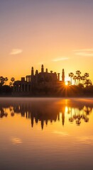 Fototapeta premium Palace Architecture Silhouette at Sunrise with Lake Reflection for Travel and Architectural Background