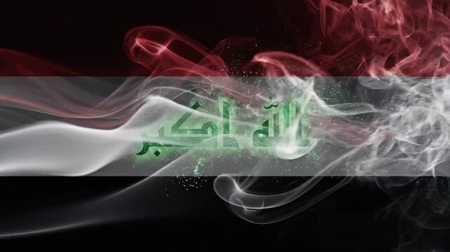 Abstract representation of the Iraq flag with Allahu Akbar text in green smoke against a black background