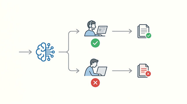 AI workflow conflicting human reviewers producing different outcomes in clean minimal business technology illustration representing inconsistency and decision variability in human in the loop systems