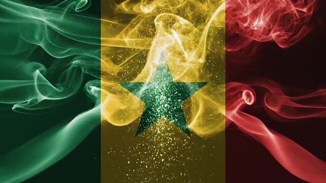 Ghana flag represented by colorful smoke plumes and a central black star with a bright light inside, abstract national symbol