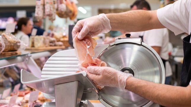 Deli worker hands wearing plastic gloves slicing fresh prosciutto meat on a commercial slicer