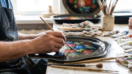 Obraz premium Artist hands holding a brush and painting a traditional floral pattern on a black metal tray